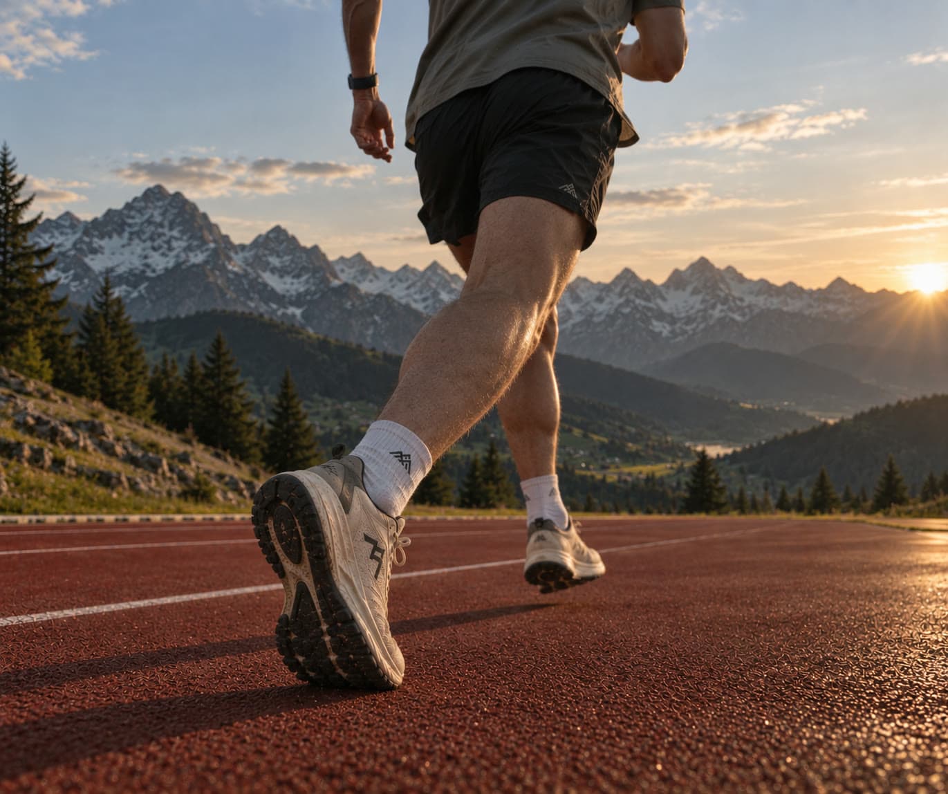 Hardloper op een atletiekbaan met bergen bij zonsopkomst