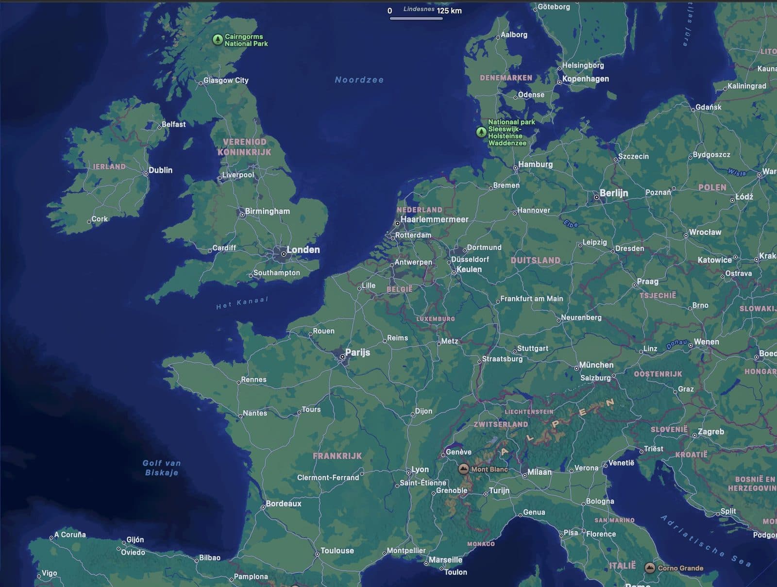 Kaart van West-Europa, met Nederland in het midden
